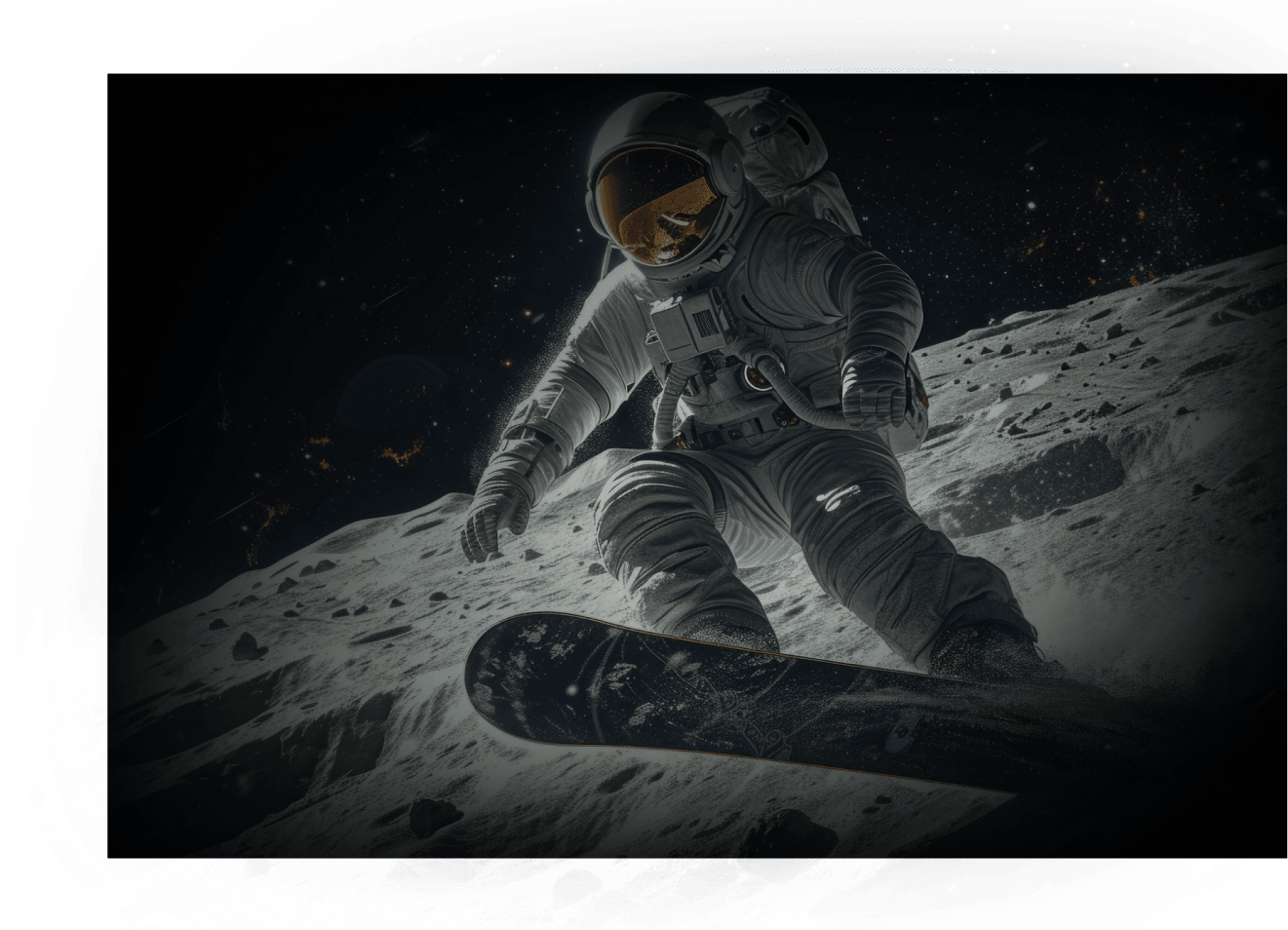 Astronaut snowboarding on a lunar surface under a starry sky
