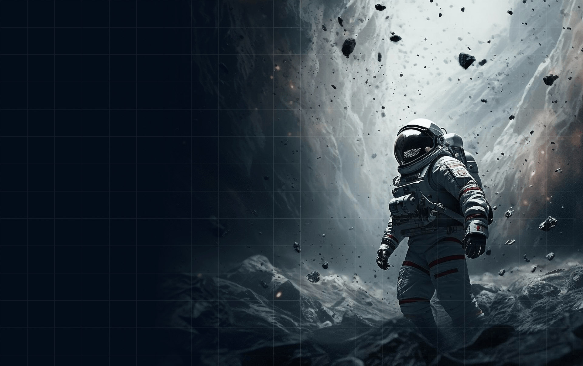 Astronaut on a rocky lunar surface with a technical grid overlay